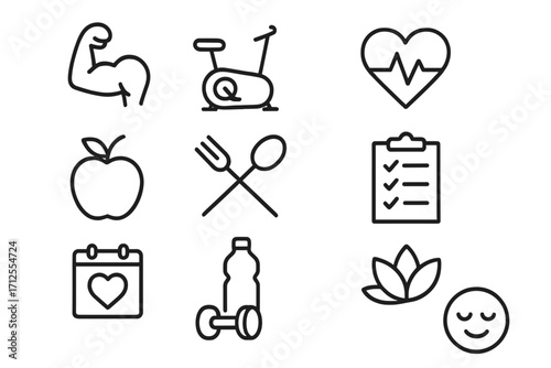 Health and wellness linear icon set. Healthy lifestyle symbols for fitness, nutrition, gym workout, diet food, yoga meditation, and self-care. Vector wellbeing concept graphics.