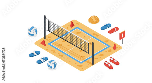 Beach volleyball isometric scene with net, sand court, and sports equipment