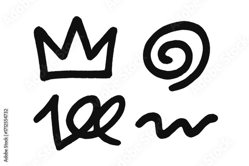 Graffiti spray paint shapes set. Hand drawn punk rock doodle elements. Abstract textured scribble, spiral and crown. Vector illustration for street art and urban design concepts.