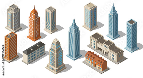 Isometric cityscape: diverse architecture and skyscrapers