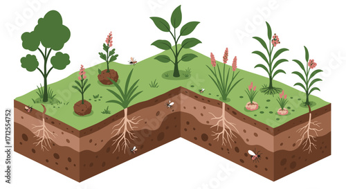 Cross section of ecosystem with plants and soil layers in isometric design