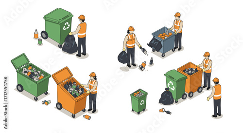 Sanitation workers engaged in eco-friendly waste sorting with recycle bins and trash bags