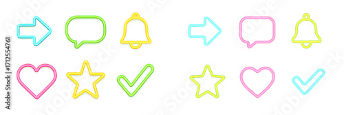 Colorful neon icons arranged in a grid showcase various symbols commonly used in digital communication