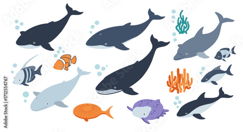 Colorful marine life collection featuring whales, fish, and coral in a flat style
