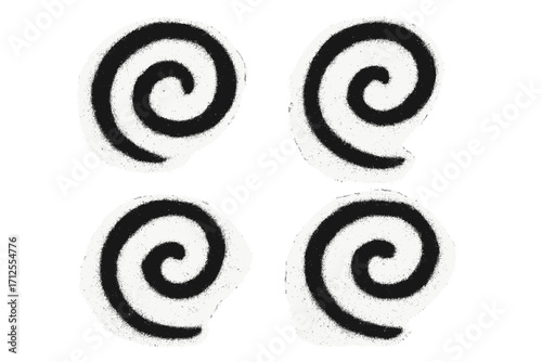 Set of four spray textured graffiti doodle shapes. Abstract hand drawn scribble and squiggle twirls. Creative bold punk rock swirl elements. Vector cartoon illustration asset.
