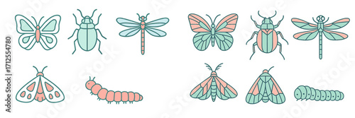 Insects of various types illustrated with simple designs and soft pastel colors creating a harmonious arrangement