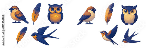 Colorful cartoon birds and owl illustrations with feathers in varying poses and styles for artistic use