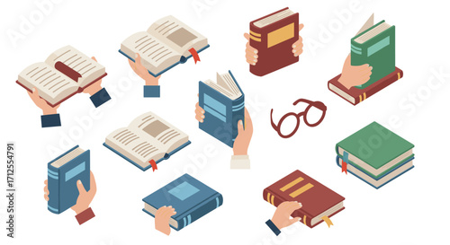 Diverse hands holding books and glasses in modern flat style