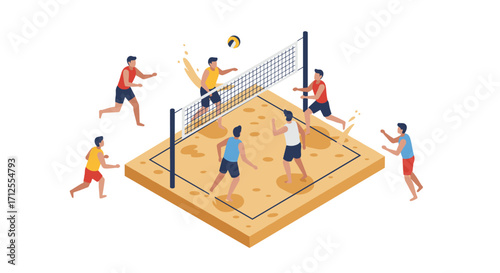 Isometric beach volleyball game with players and net in action