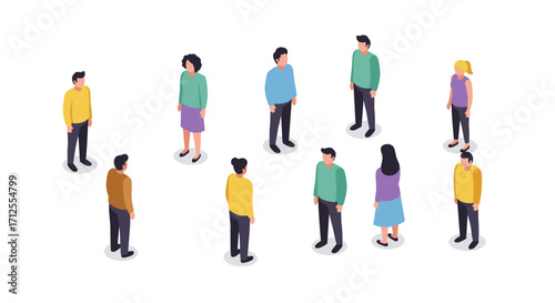 Isometric group of diverse people standing in social gathering