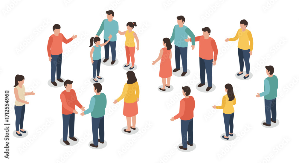 Fototapeta premium Isometric people engaging in social interaction and communication