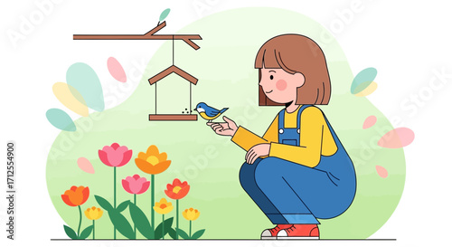 Girl Interacting With Bird at Bird Feeder Amid Colorful Blossoms in Springtime