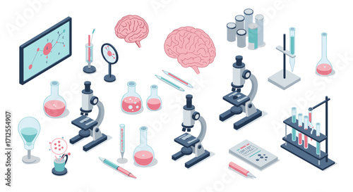 Isometric science lab equipment with microscopes and chemical tools