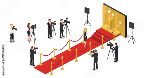 Isometric red carpet event with photographers and golden trophy backdrop