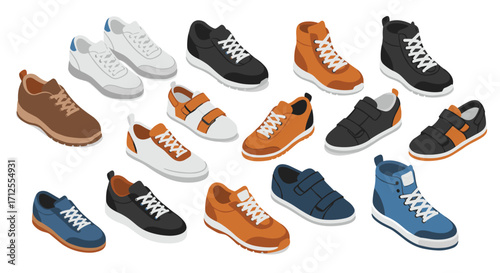 Stylish isometric sneakers collection featuring various designs and colors