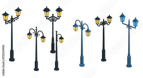 Elegant street lanterns collection in isometric style for urban design