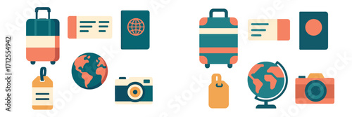 Travel essentials collection featuring luggage, passports, and travel-related icons for adventure planning