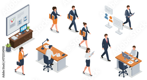 Isometric business professionals in office environment with technology and communication