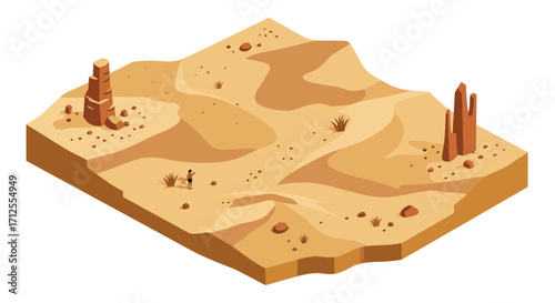 Isometric desert landscape with sand dunes and rock formations
