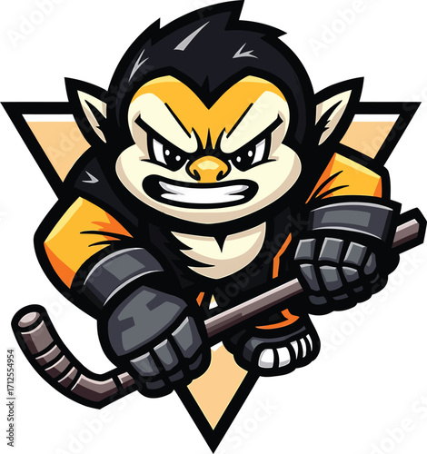 Aggressive monkey holding hockey stick, tough jungle primate sports mascot