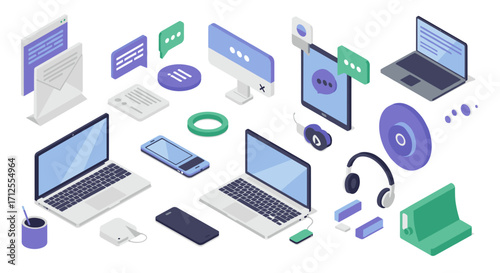Isometric technology devices collection featuring laptops and gadgets