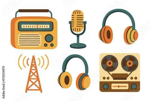 Vintage radio broadcast equipment set with microphone, headphones, tape recorder, and radio tower icons. Retro music and media technology vector illustration collection.