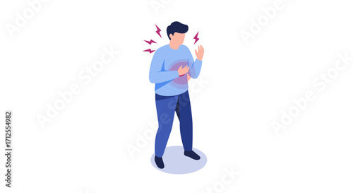 Isometric man with chest pain depiction: heart attack symptoms in 3d illustration