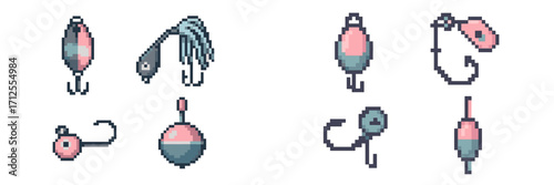 Colorful pixel art fishing lures and hooks displayed on a white background showcasing various designs and shapes
