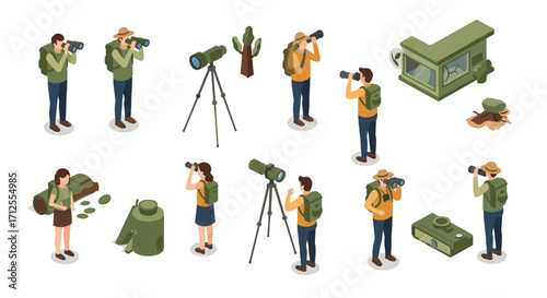 Isometric bird watching adventure with explorers and equipment in nature