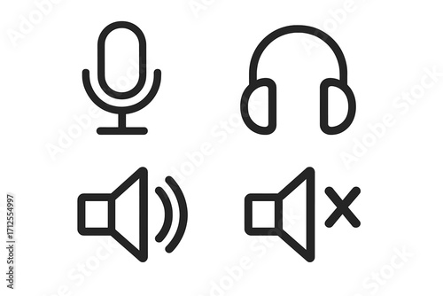 Audio icon set. Minimalist line art with microphone, headphones, speaker volume, and mute symbols. Vector collection for web design, user interface, app, and player.