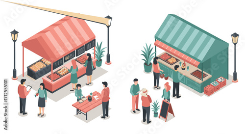 Isometric outdoor market stalls with people shopping and socializing in urban setting