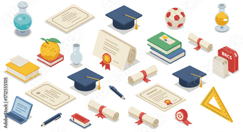 Isometric education icons featuring graduation, books, and certificates in a colorful 3d design