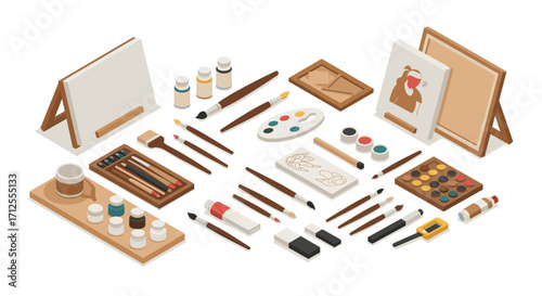 Isometric art supplies arrangement with easels, brushes, and paints for creative projects