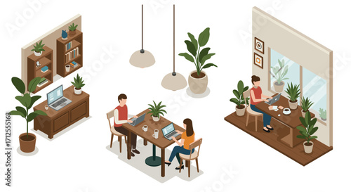 Cozy home office scenes with plants in a modern isometric style