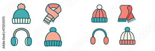 Winter accessories display featuring various hats, scarves, and earmuffs in a colorful design