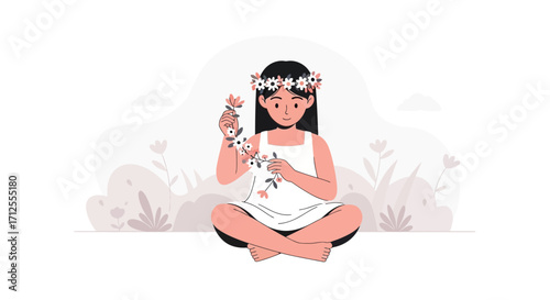Girl Making Floral Crown: A Peaceful Depiction of Nature, Spring, and Floral Design