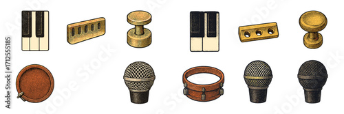 Explore various musical instruments and equipment including piano keys, microphones, and a harmonica