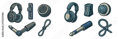 Various audio equipment components and accessories illustrated in a detailed, artistic style for creative project or design