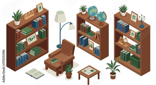 Cozy home library with isometric bookshelves and furniture
