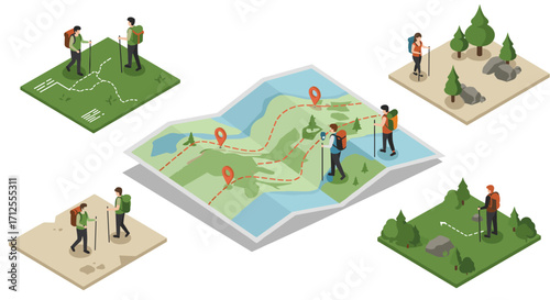 Isometric hiking adventure map with diverse terrains and explorers