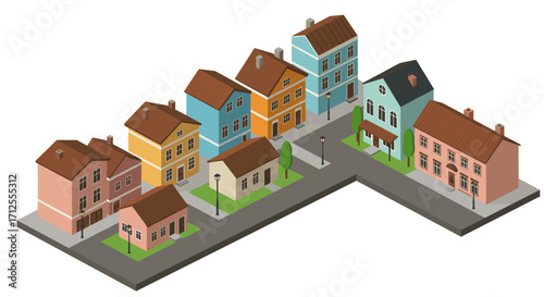 Isometric neighborhood with colorful houses and street lamps
