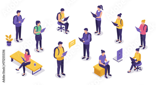 Isometric office workers engaged in technology and communication activities