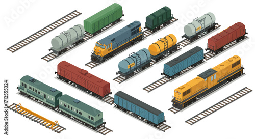 Isometric train set: assorted locomotives and freight cars on tracks