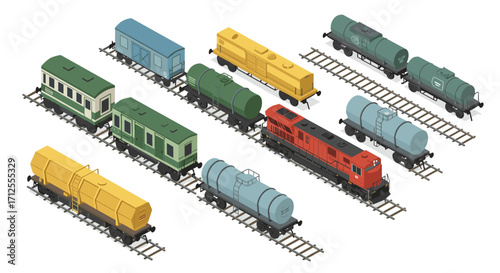 Isometric train and cargo cars on railroad tracks in varied colors
