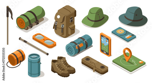 Camping gear essentials: modern isometric design of outdoor equipment