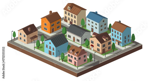 Charming isometric neighborhood with colorful houses and greenery
