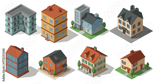 Isometric collection of various residential buildings with shadows