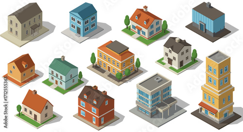 Isometric building set: diverse architectural designs and styles