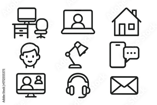 Home office line icon set for remote work and communication. Minimalist vector symbols for freelance business. Includes computer, video conference, chat, and email pictograms.