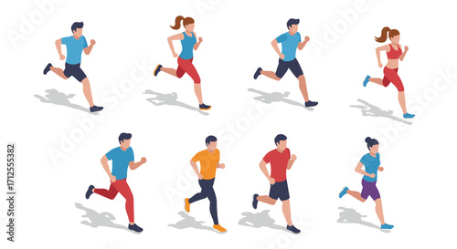 Isometric runners set in various poses and outfits on white background